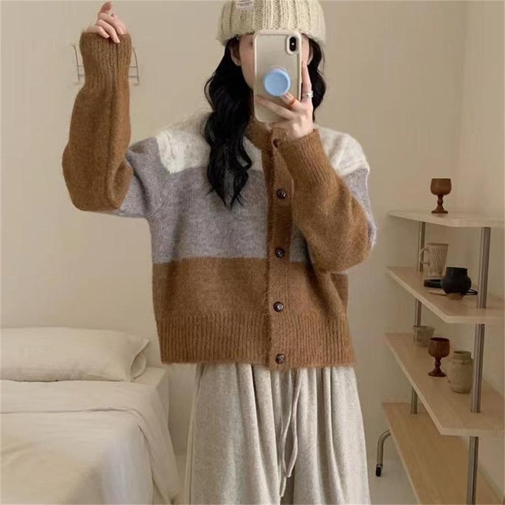 Autumn/Winter 2025 Women's Retro Color Block Striped Knit Cardigan Sweater Coat