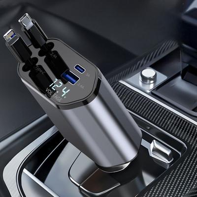 Chargeur de voiture métallique 120W Super Charge Rapide avec Affichage Numérique 4 Ports Câble Rétractable Chargeur USB C Multifonctionnel pour Véhicule