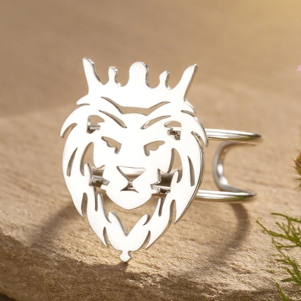 Dawapara Lion Head Ring Adjustable Norse Animal Totem Ring Strength Talisman Wedding Band Stainless Steel Jewelry