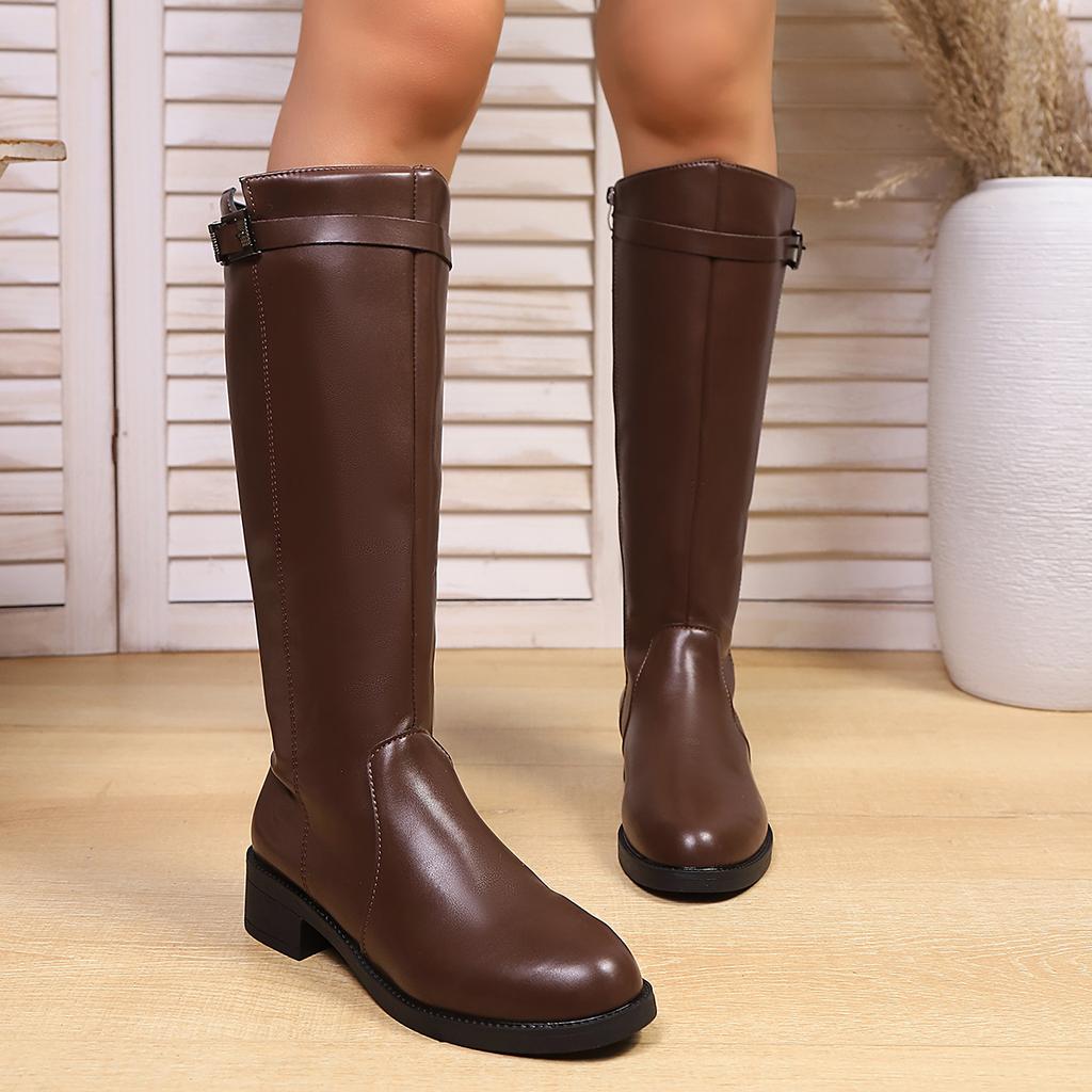 Vintage Women Slim Knee-High Boots Fashion Belt Buckle Shoes Autumn Winter Low Heel Shoes Ladies Comfortable Modern Long Booties