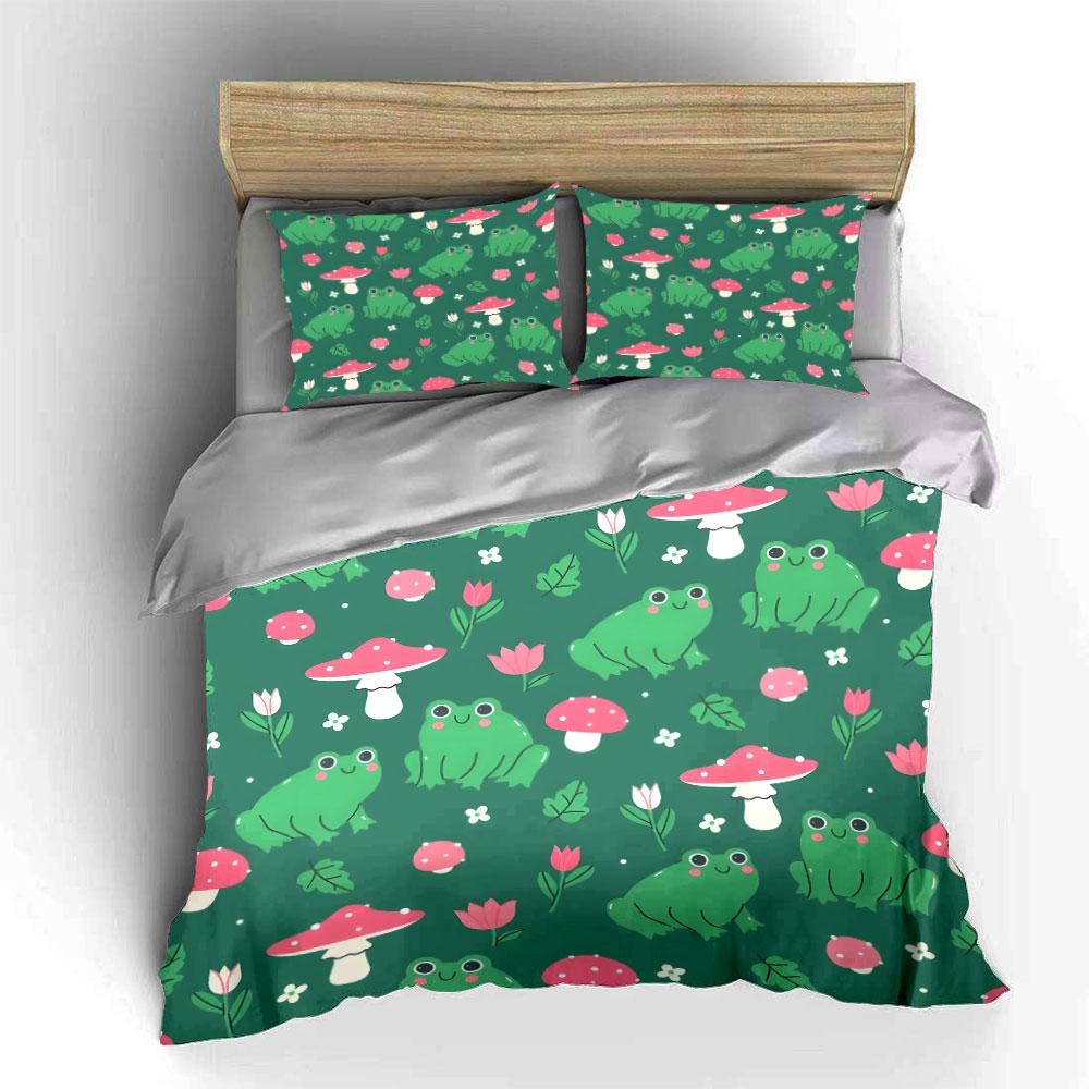 Frog and Mushroom Pattern Set Bedding Duvet Cover Set (1*Duvet Cover 2*Pillowcases, without duvet insert)