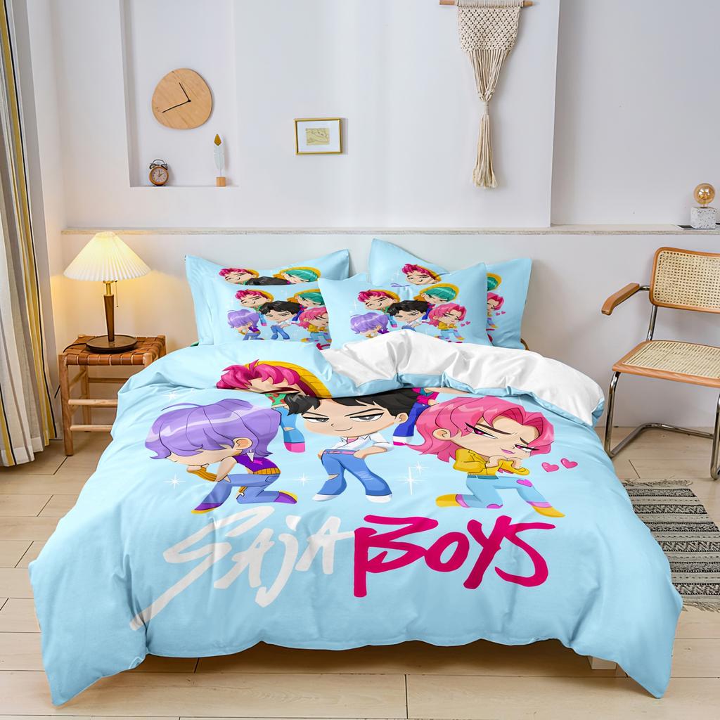 K-Pop Bettwäscheset Dämonenjäger Motiv Bunter Druck Polyester Schlafzimmer Bettlaken Bettbezug Geschenk Heimtextilien