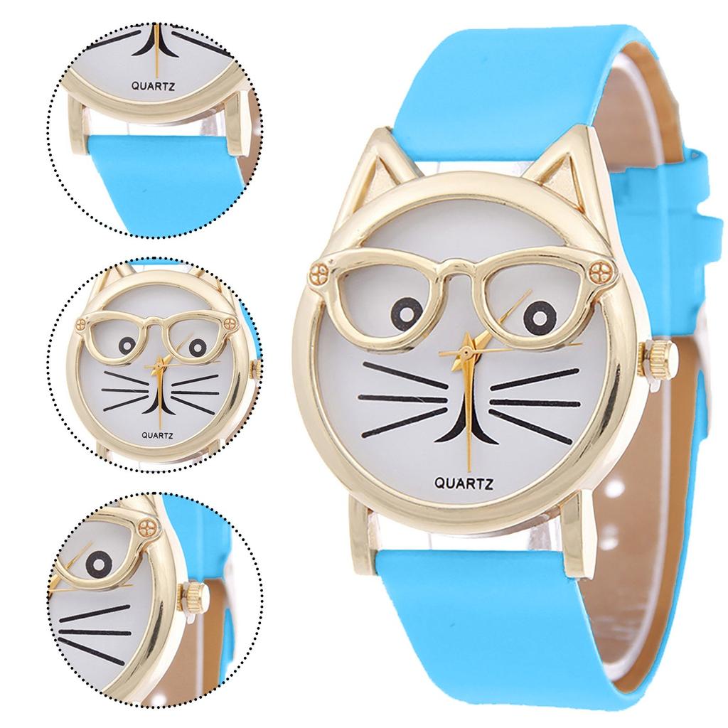 Ladies Watch Wear Glasses Cat Dial Belt Ladies Quartz Watch