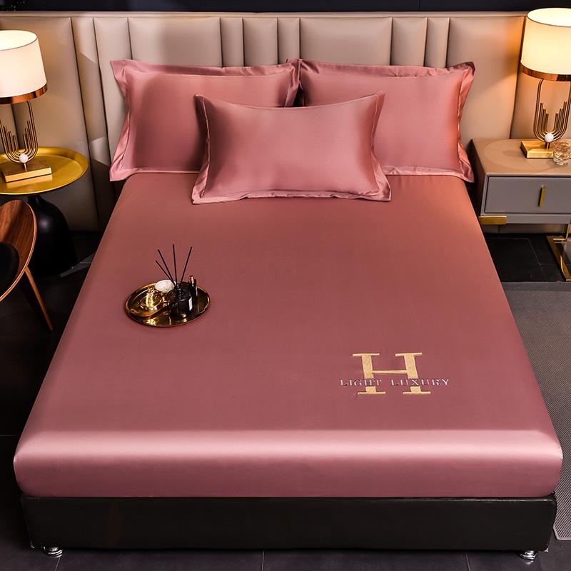 Luxury Satin Fitted Sheet Embroidered Solid Color Mattress Cover with Elastic Band Bed Sheet Bed Linen High-end Rayon Bedsheet