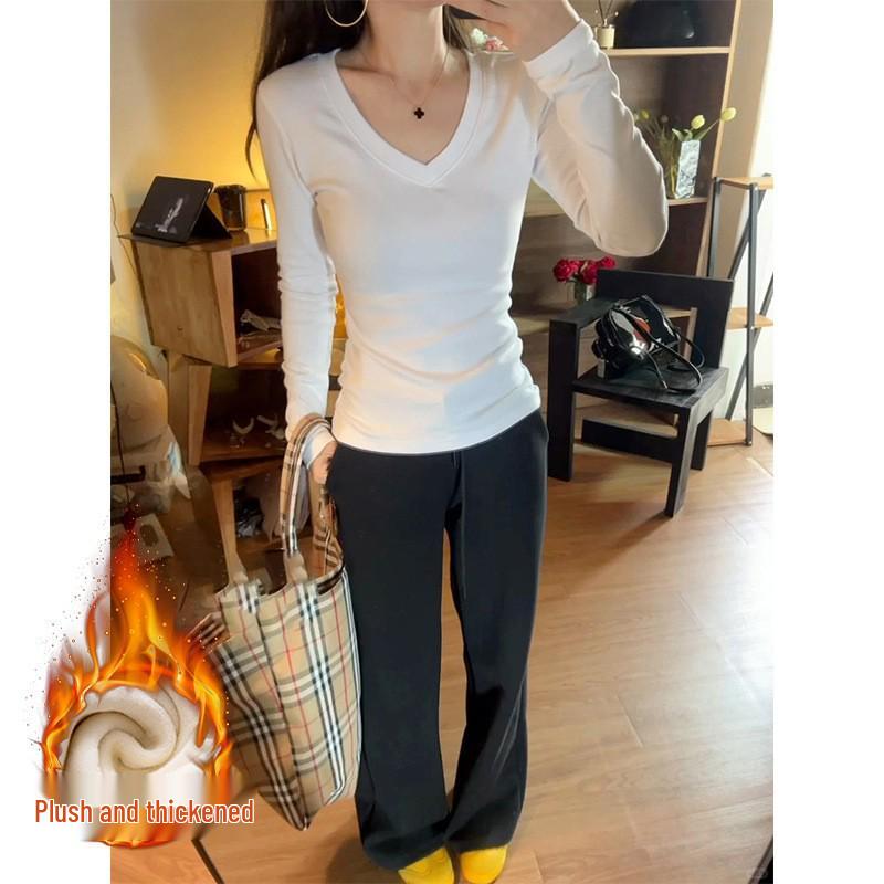 Women's Black V-neck Long-sleeve Slim-fit Thermal T-shirt with Velvet for Autumn/Winter