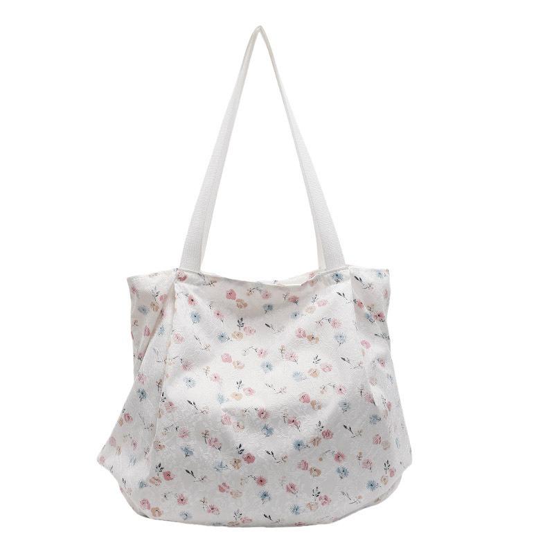 Tote Bag Large Capacity Lace Literary Plaid Floral Simple Women Portable Storage Bag Shoulder Bag