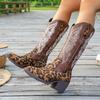 Women's Mid-Calf Boots Classic Embroidered Western Cowboy Boots Leopard Print Design Thick Heeled Boot Knee High Boots for Women