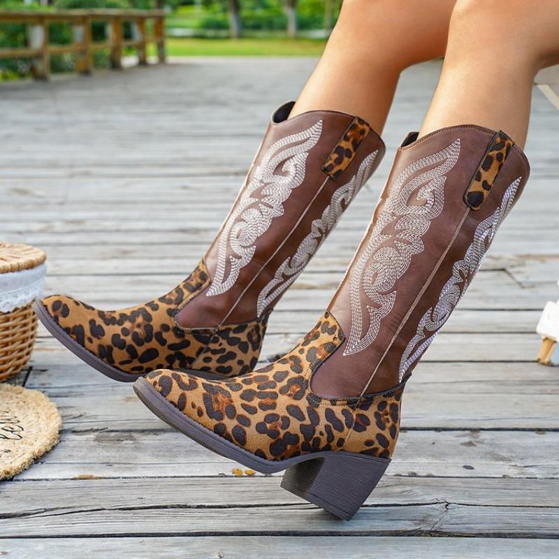 Women's Mid-Calf Boots Classic Embroidered Western Cowboy Boots Leopard Print Design Thick Heeled Boot Knee High Boots for Women