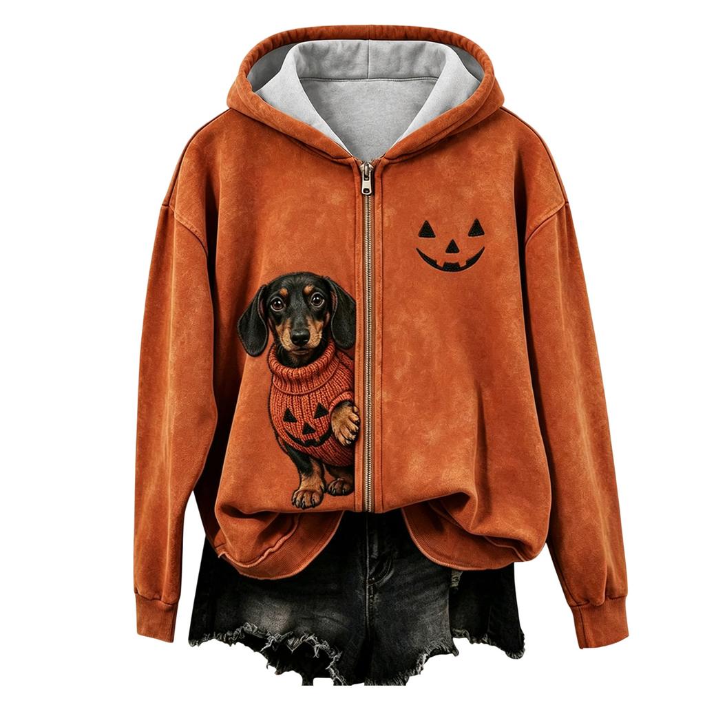 Women's Casual Halloween Printed Zip-Up Hoodie