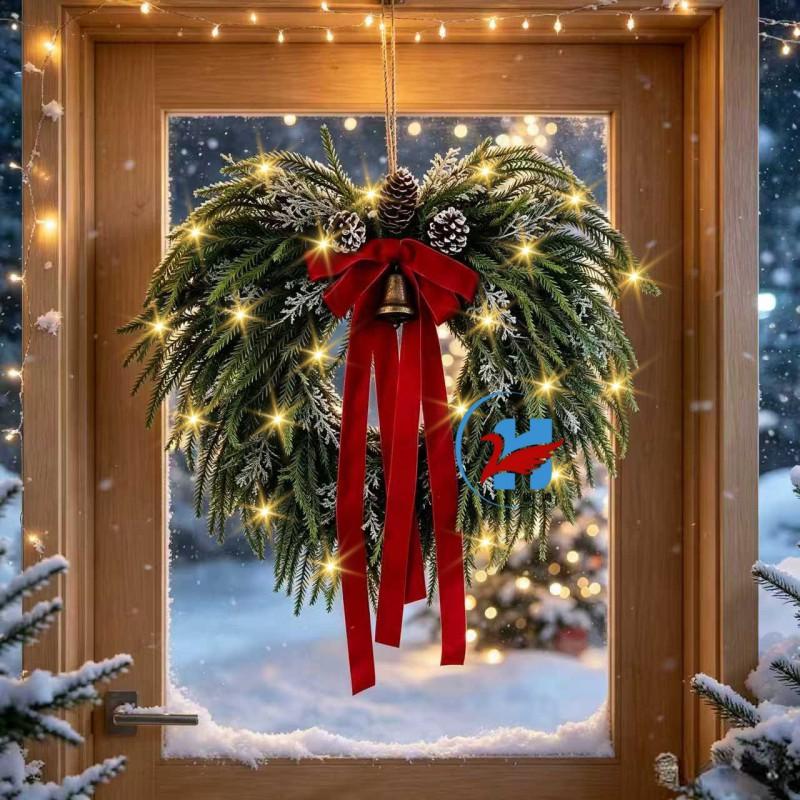 Christmas Wreath With Red Berries Bow Plastic Holiday Decor Home Door Wall 50cm