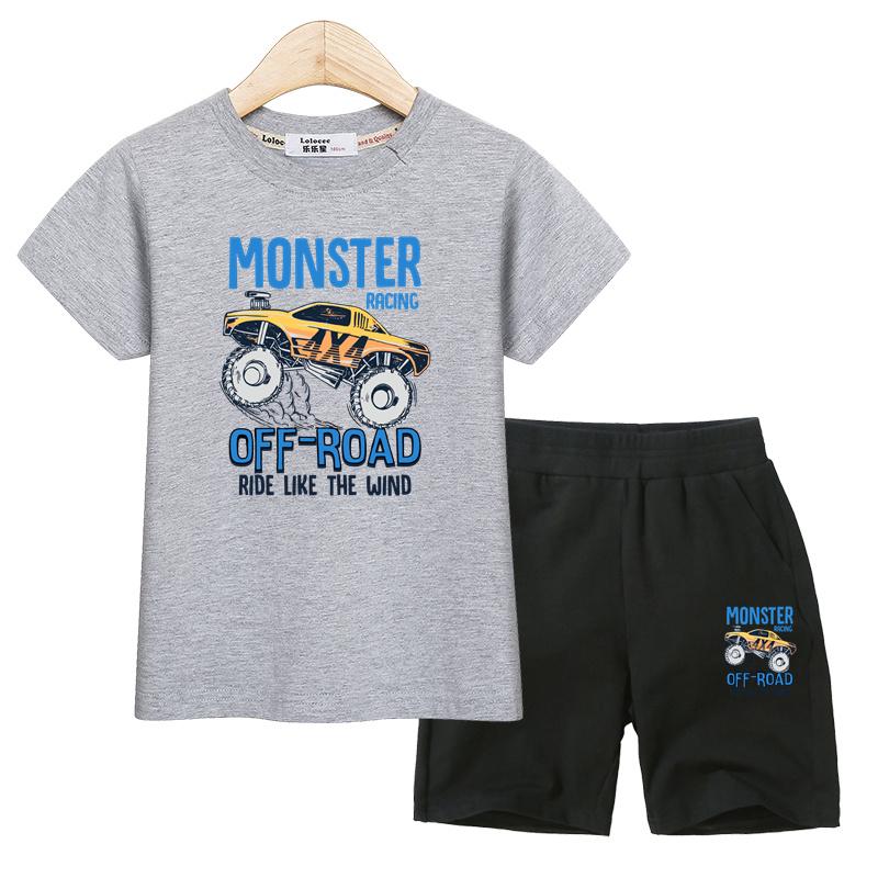Set Abbigliamento Estivo per Bambini Camicia Monster Truck Pantaloncini Sportivi Costumi a Manica Corta per Bambini Outfit 2 Pezzi