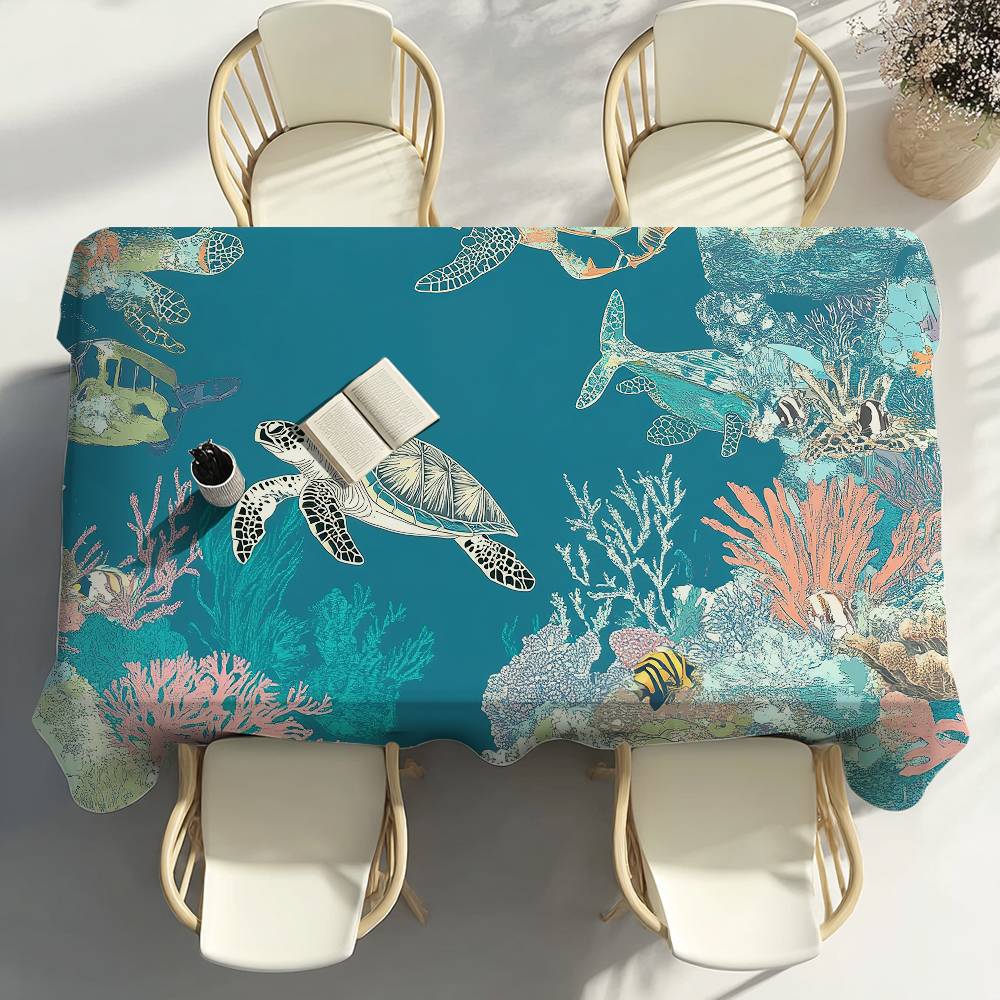 Tropical Blue Turtle Pattern Table Cloth Party Decor Dining Room Home Kitchen Patios Waterproof Stain-Proof Table Cloth