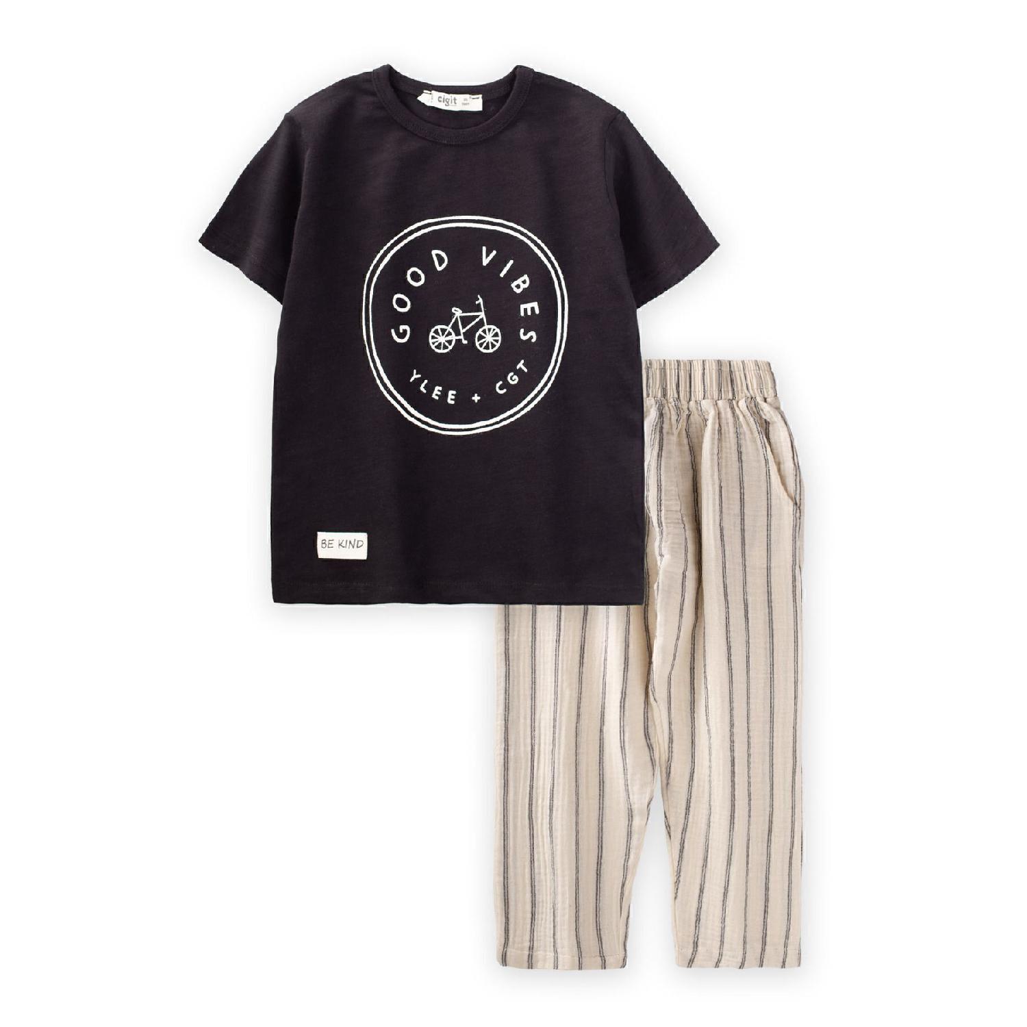 

Муслиновый брючный костюм в полоску с велосипедным принтом, черный для возраста 2–7 лет