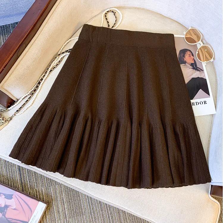 Foreign Elastic Waist Umbrella Skirt Short Autumn and Winter Half Skirt Women High Waisted Knitted A-line Short Skirt Female
