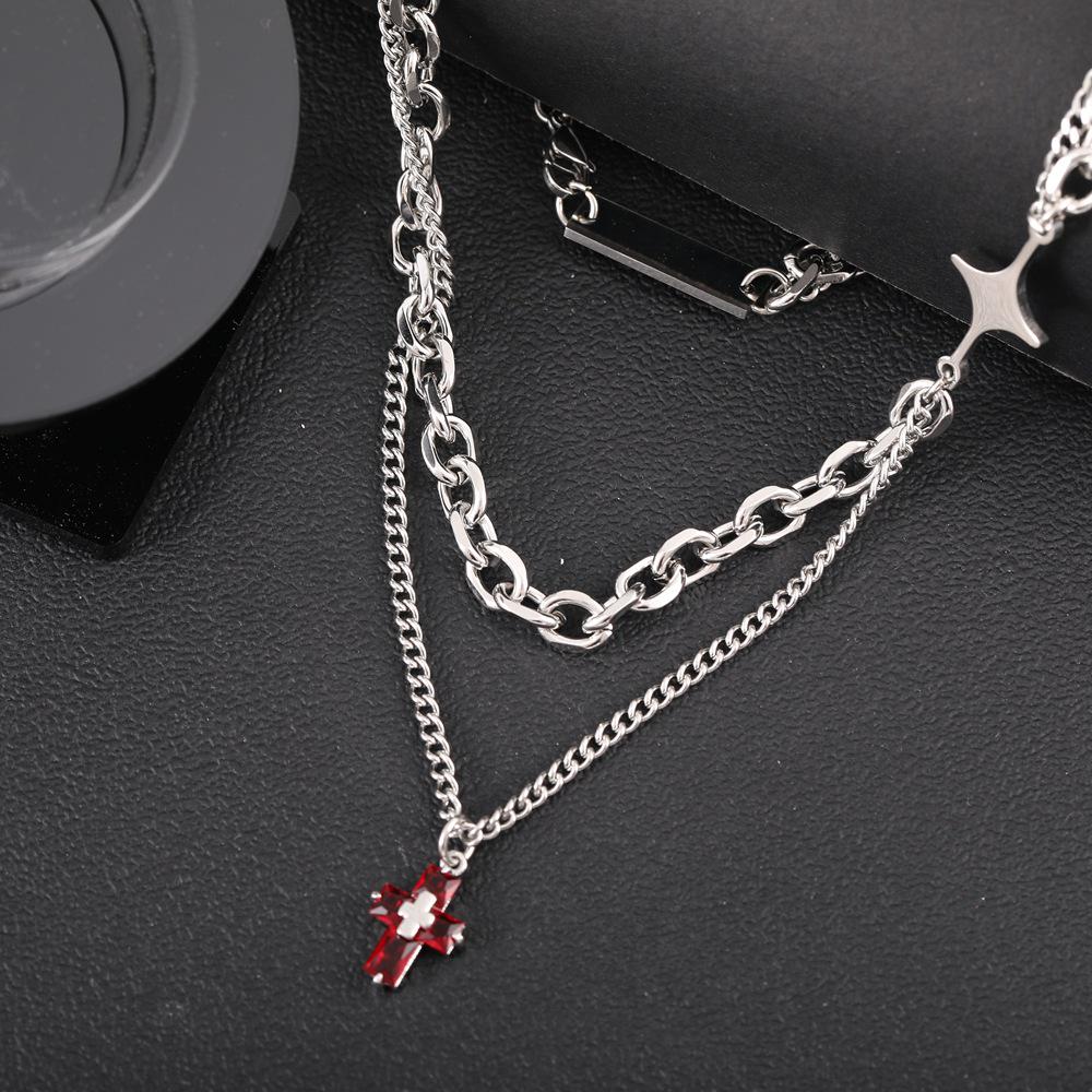 Men's Hip Hop Titanium Steel Multi-Layer Cuban Chain Necklace with Red Cross Pendant