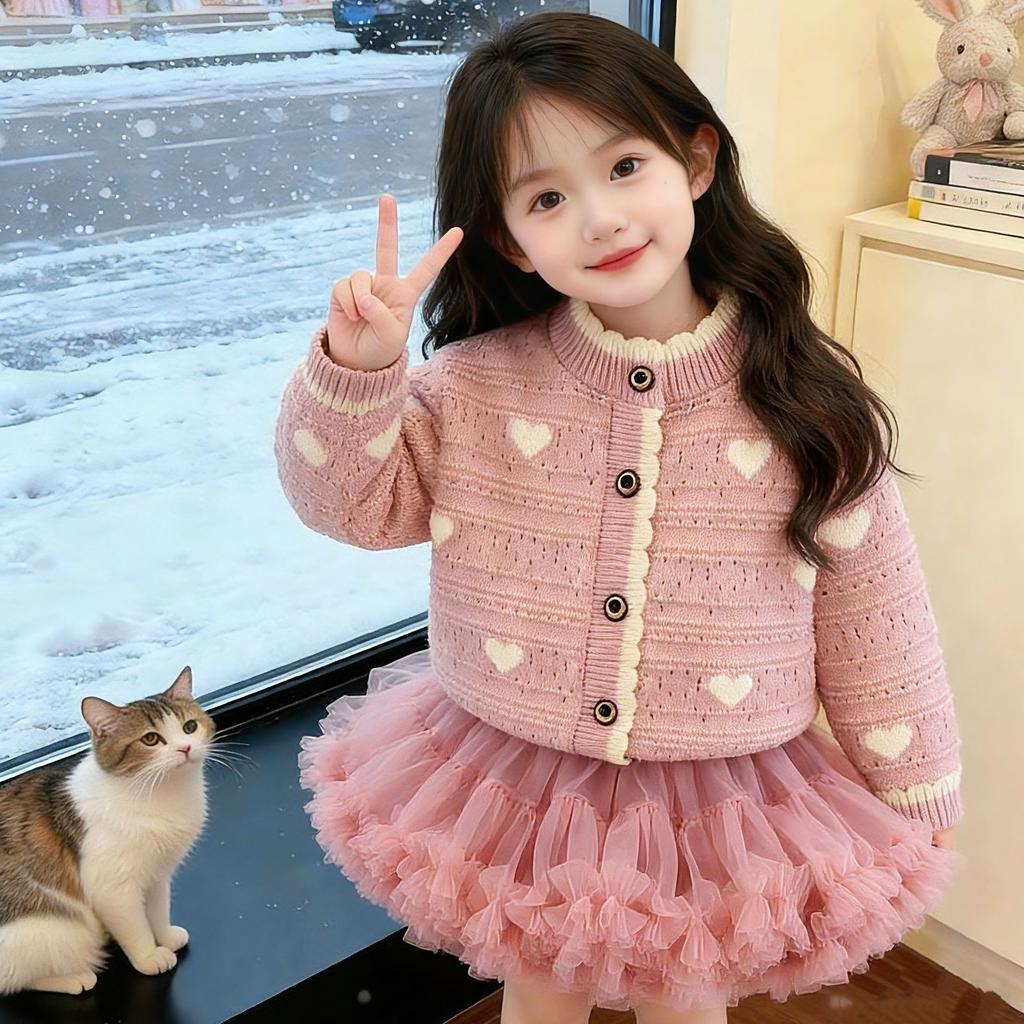 Girls' Spring Autum Sweater Cardigan Fashionable and Versatile Single-Breasted Heart Long-Sleeved Korean Style Baby Girl's Jacket