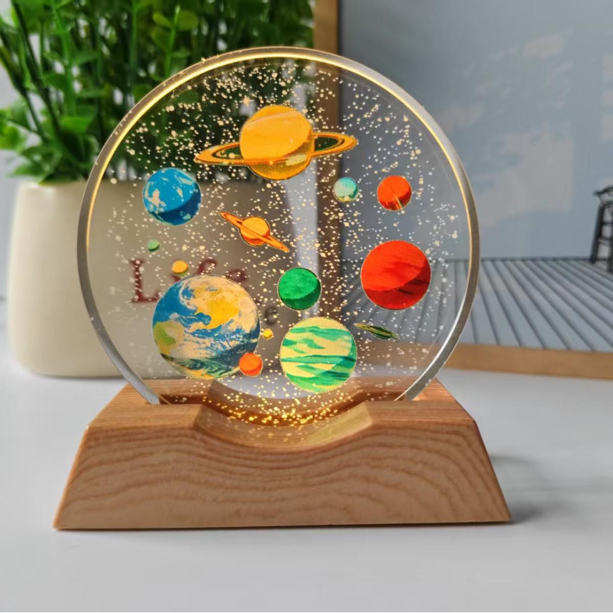 3D Laser-Engraved Galaxy Crystal Ball Night Light Ornament 6cm Disc + Warm Light Base USB
