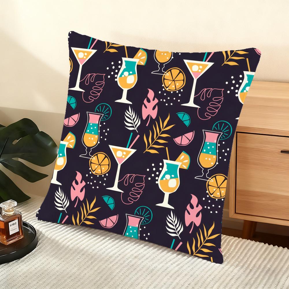 Cocktail Pattern Cushion Cover Soft Short Plush Pillow Cover Smooth Cozy Texture Aesthetic Cushion Case Home Decor