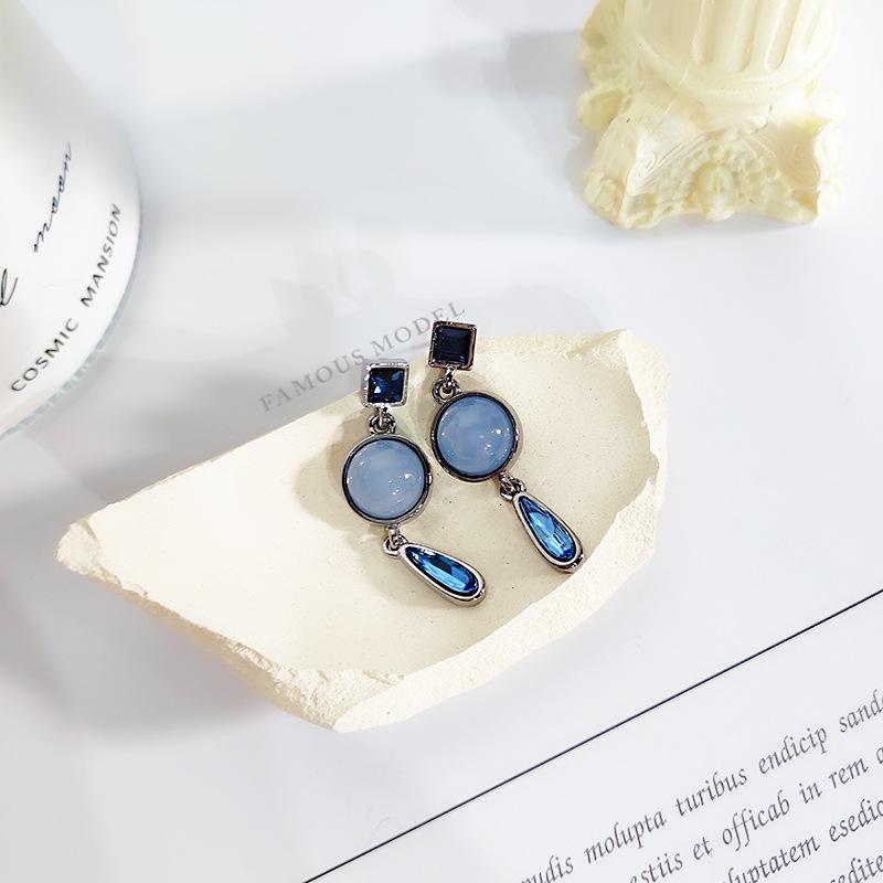 S925 Silver Needle Blue Water Drop Cat's Eye Stone Morandi Crystal Geometric Stud Earrings