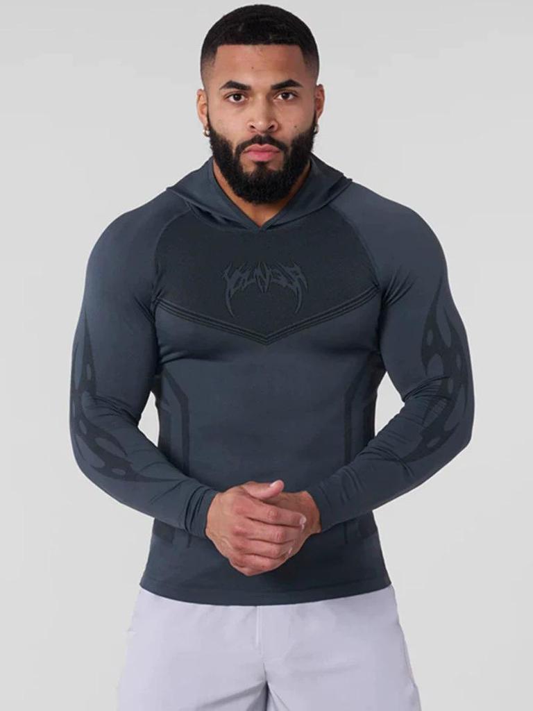 YOUNGLA Men's Tight Hooded Quick-Dry Long Sleeve T-shirt for Running, Sports, Fitness, and Training