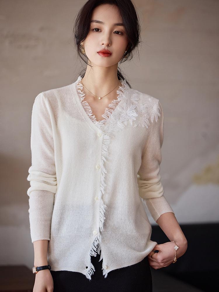 Women's 2025 Tassel Trim Wool Cardigan with French Lace Patchwork