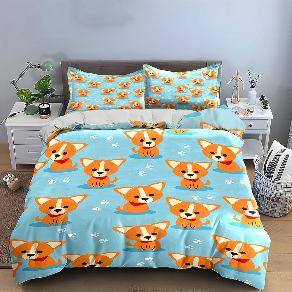 Cartoon Corgi Dog Bedding Set Bedding Duvet Cover Set Duvet Cover Pillowcases (1 * Duvet Cover 2 * Pillowcases, without duvet insert)