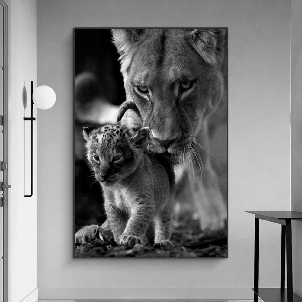 Pictură modernă pe pânză cu leu alb-negru, postere și imprimeuri, imagine scandinavă de artă de perete pentru sufragerie, decorațiuni pentru acasă Cuadros