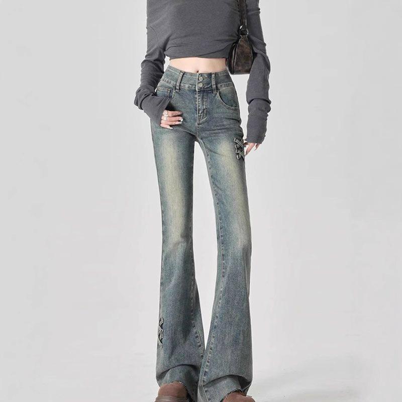Comfortable Micro Flare Jeans Female Autumn Retro Blue High Waist Large Size Design Sense Niche Skinny Flare Trousers Jeans for Women Long Denim Pants