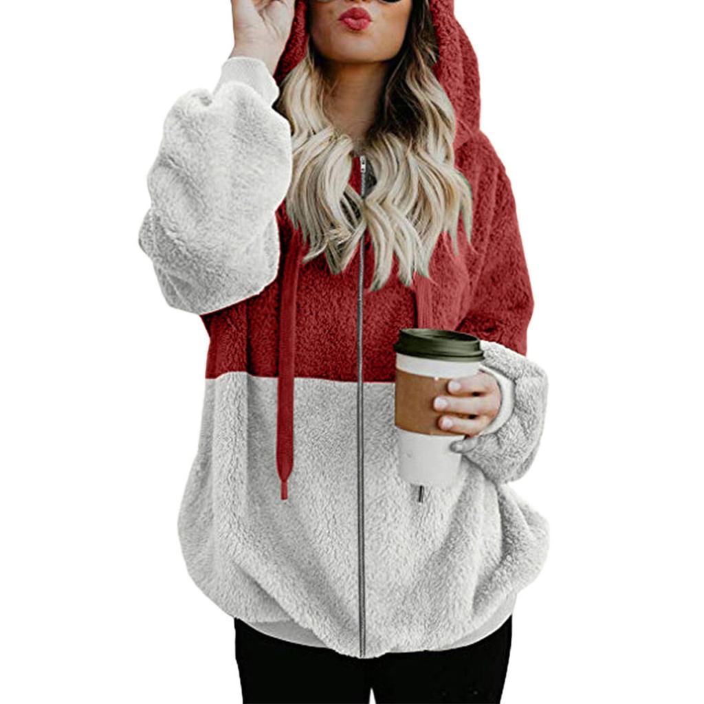 Women Hooded Sweatshirt Coat Winter Warm Zipper Pockets Cotton Coat Outwear