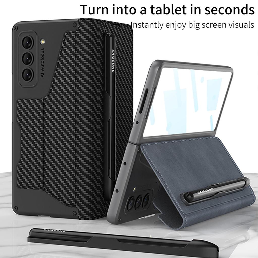 Für Samsung Galaxy Z Fold 5 Schale und Membran Integriertes faltbares Lederetui mit abnehmbarem Stifthalter und Kartensteckplatzabdeckung