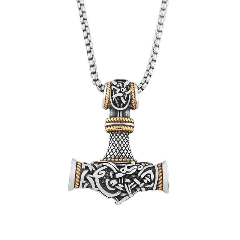 Unique Stainless Steel Vikings Thor Hammer Pendant Vintage Scandinavian Rune Necklace for Men Punk Jewelry Accessories