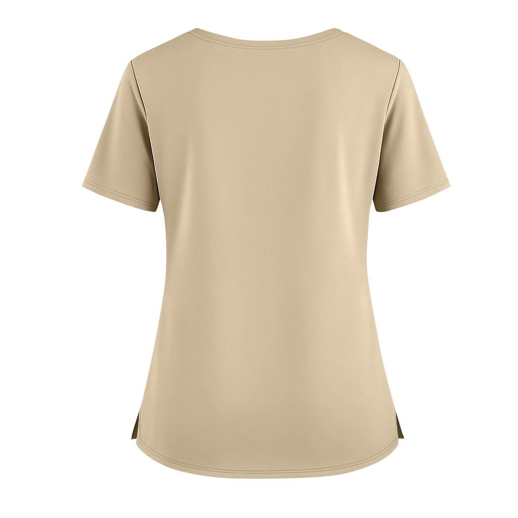 Women's Fashionable Solid Color V-neck Double Pocket Short Sleeved Shirt With Slit Hem Uniform And Worker Top