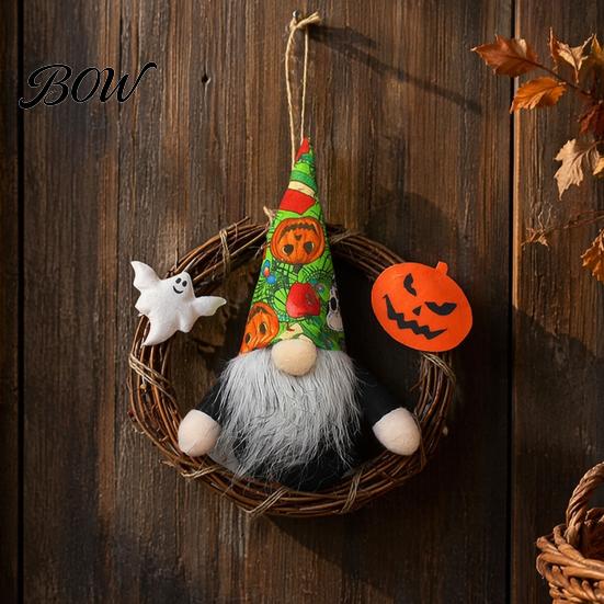 Faceless Gnome Wreath Halloween Wreath, Rattan Rustic Hanging Decoration Seasonal with Pumpkin Ghost for Front Door Wall Holiday Party Decor