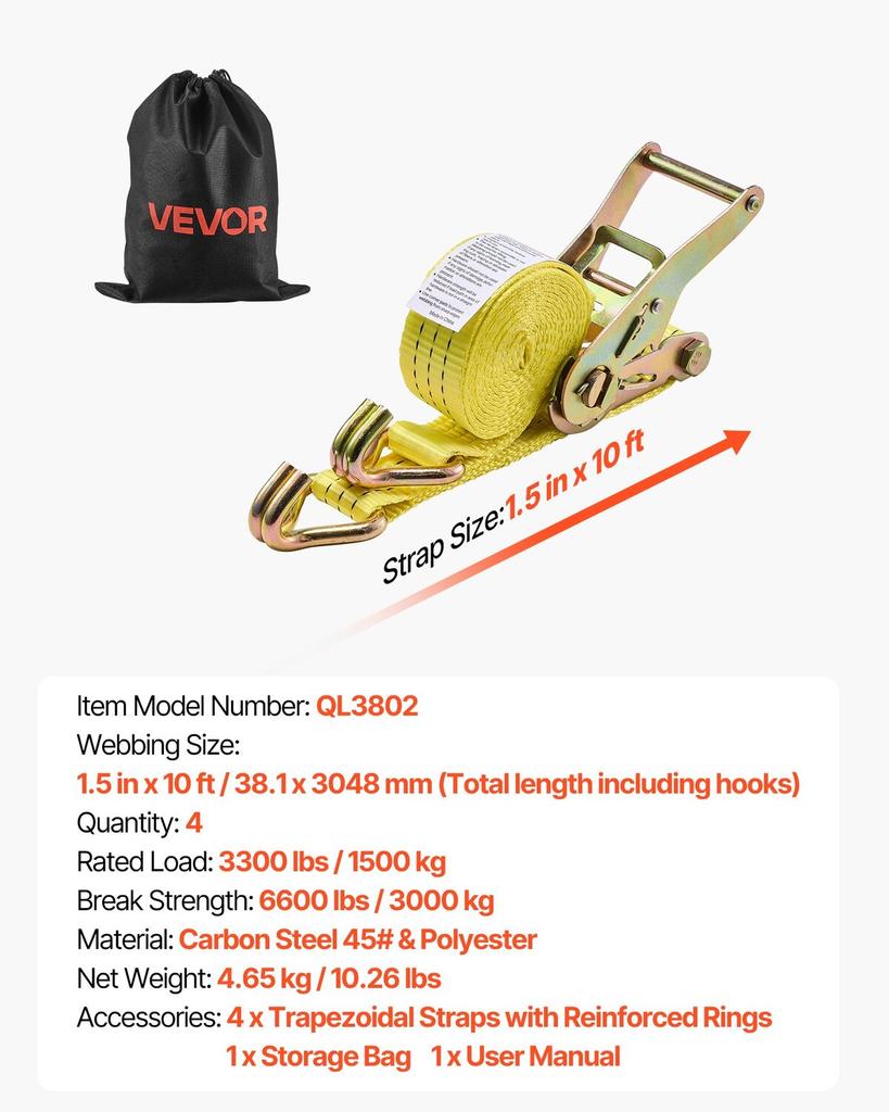 Ratchet Straps, 38.1 mm x 3 m, Heavy Duty Tie Down Straps with Double J Hook, 3000 kg Break Strength, Carry Bag, Tie Down Ratcheting for Moving,