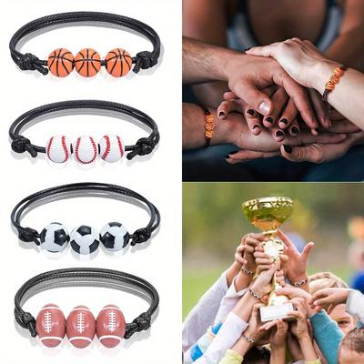 3Pcs Sports Bracelet Set for Boys & Girls - Basketball Baseball Wax Line Woven Tennis & Rugby Jewelry