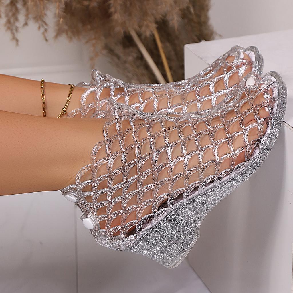 Sommer Mode Damen Keilabsatz Sandalen Sommer Neu Runde Spitze Ärmel Hohl Rutschfest Verschleißfest Niedrige Schuhe