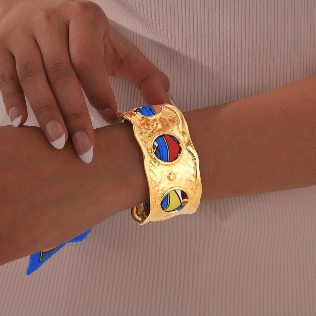 Retro Luxury Cuff Bracelet for Women,Stainless Steel Simulated Silk Printed Silk Scarf Open Bracelets, Exaggerated Jewelry Gift