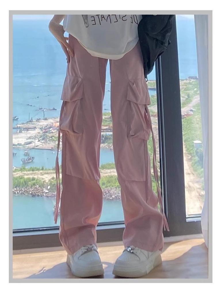2025 Women's Petite Pink High-Waist Cargo Parachute Pants - Summer Casual Wide-Leg Drape Style