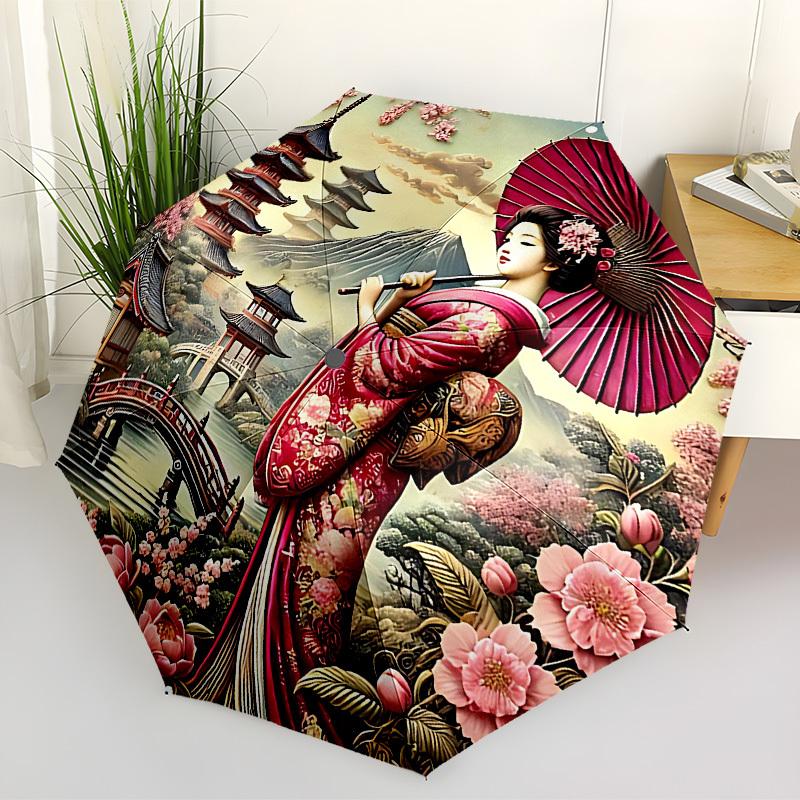 1 ks Deštník Geisha s květy, automaticky skládací - Kompaktní design s 8 žebry, odolný plast a železo, lehký pro venkovní každodenní použití, slavnostní dárek062