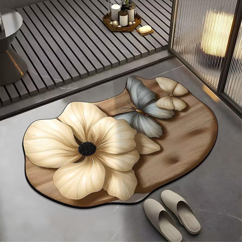 Saugfähige Badezimmermatten 3D Realistische Fußmatte Blume Schmetterling Badematte für Badezimmer Schlafzimmer
