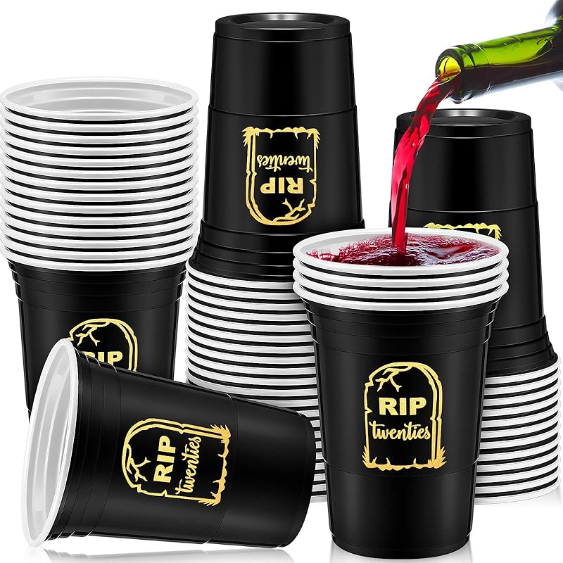 Rtteri 48 Pack Death to My 20s Decorations 16 oz Rip to My 20s Cups 30th Birthday Decorations for Him Disposable Party Thick Plastic Twenties Gold, Black