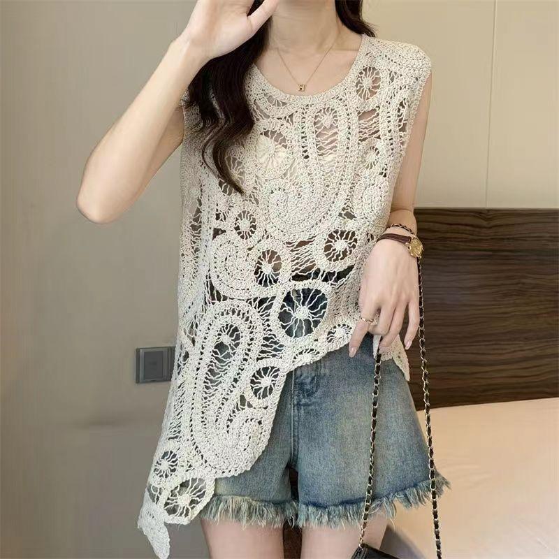 Knitted Irregular Crochet Hollow Out Vest Cardigan Summer Sleeveless Design Niche Tank Top
