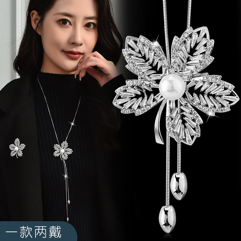Autumn And Winter Hollow Crystal Maple Leaf Sweater Chain Temperament High Sense Versatile Leaf Long Necklace