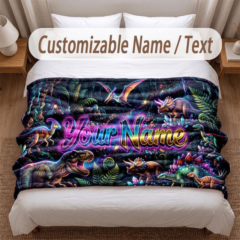 Dinosaur Theme Soft Blanket Personalized Custom Name Text Print Warm Blanket Home Sofa Bedroom Decor