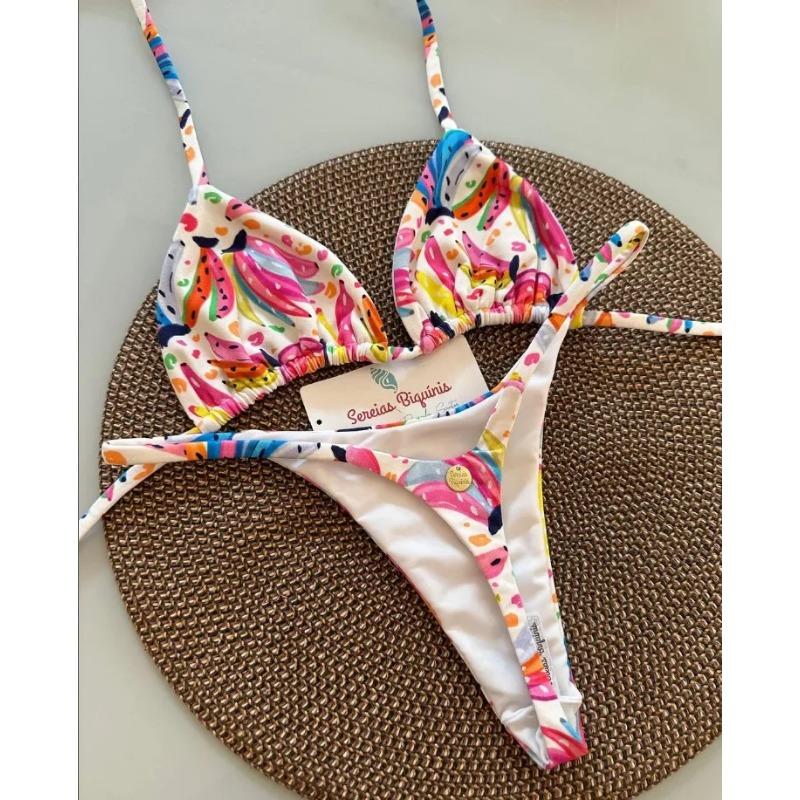 Druck Sexy Bikini Sets Neckholder Schnür-Tops Strings Strandstil Badeanzug Y2k Badeanzüge Damen Strandbekleidung