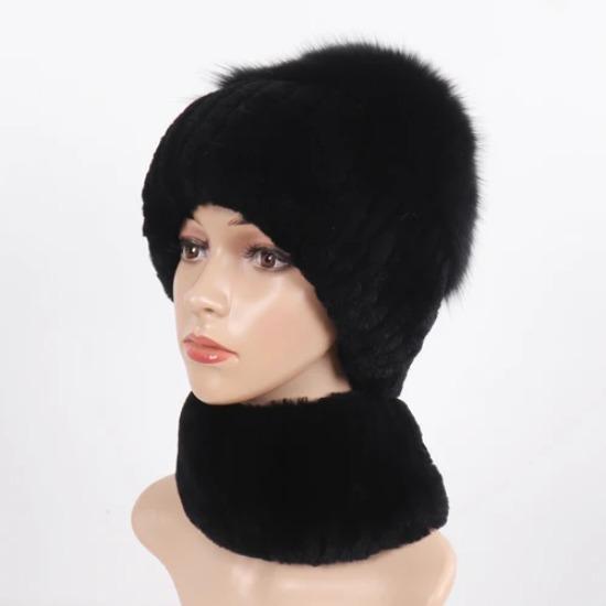 Women Winter Real Fur Hat Scarf 2 Pieces Knitted Rex Rabbit Fur Hat Top Natural Fox Fur Cap Scarves Sets Lady Warm Real Fur Caps