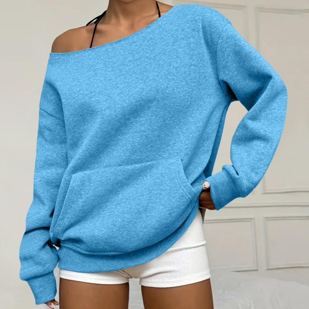 Women's Casual Fashion Solid Color Off-shoulder Long-sleeved Loose Sweatshirt With Pockets