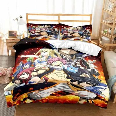 3D Anime Fairy Tail Ložní souprava Postel Třídílná souprava Povlak na přikrývku Jednolůžko Dvoulůžko Queen Size Sada povlaku na přikrývku Ložnice pro dospělé chlapce