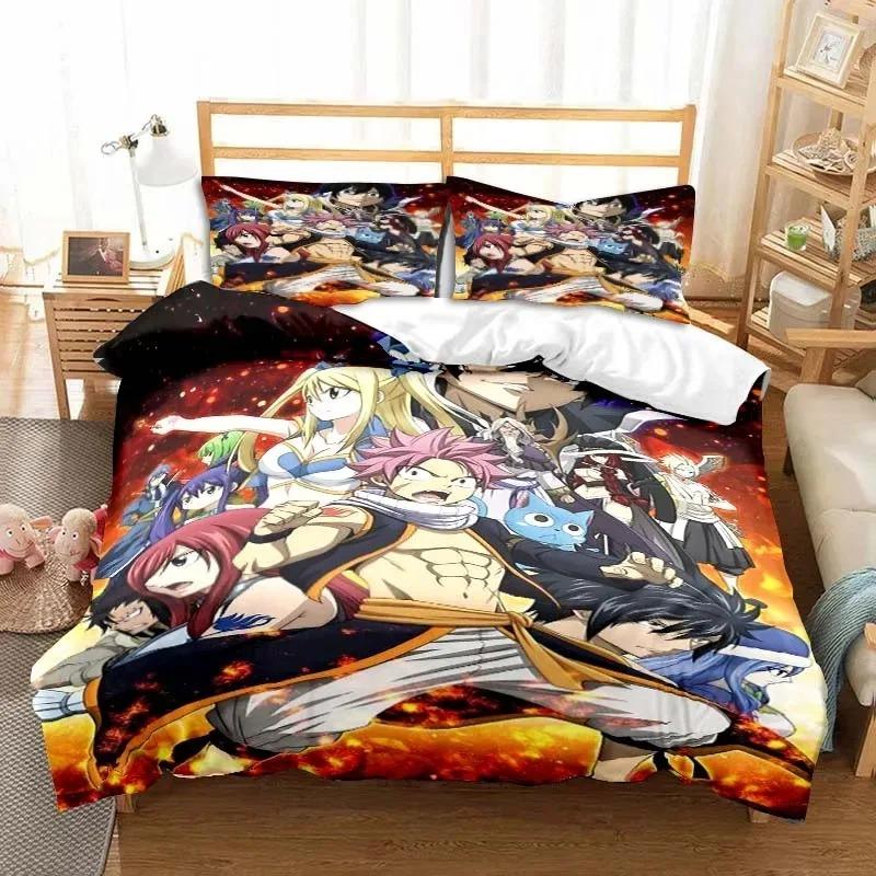 3D Anime Fairy Tail Bedding Set Bed Three-piece Set Duvet Cover Single Double Bed Queen Size Duvet Cover Set Adult Boys Bedroo