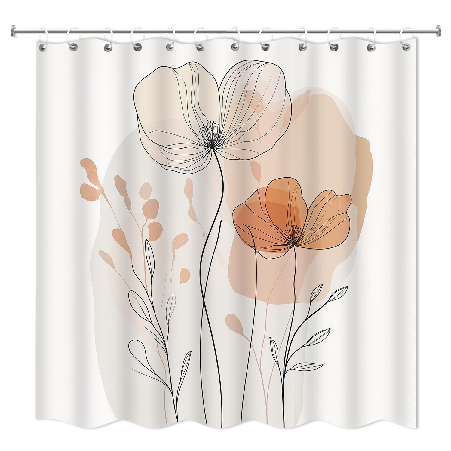 1Pc Modern Abstract Orange Floral Shower Curtain - Retro Cartoon Design, Black & Orange Flowers, Waterproof Polyester W60H190(CM)-1 Pcs